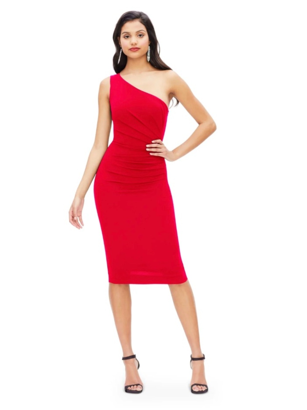 Dress the Population Martine One Shoulder Stretch Ruched Midi Dress Red Large